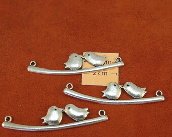 Silver Metal 55mm x 15mm Kissing BIRDs Pendant, Set of 3, 1081-03