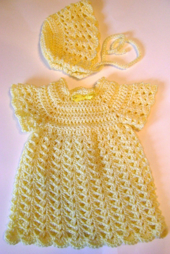 Handmade Pale Yellow Baby Crochet Dress and Hat