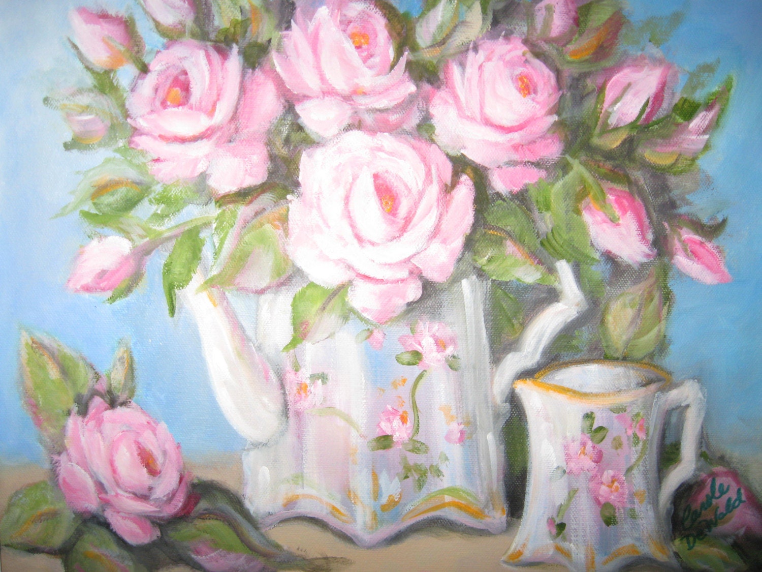 SHABBY CHIC PINK ROSES PAINTING ORIGINAL OIL by CarolesCottage