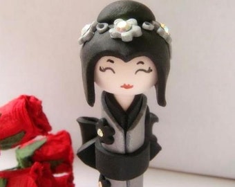 Doll, Miniature Kokeshi Doll , Grey and Black Kimono, Collector Piece Handmade Sculpture Doll