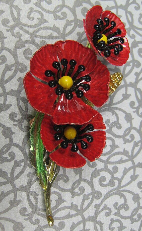 Vintage Red Enamel Poppy Brooch By Thevintagemode On Etsy