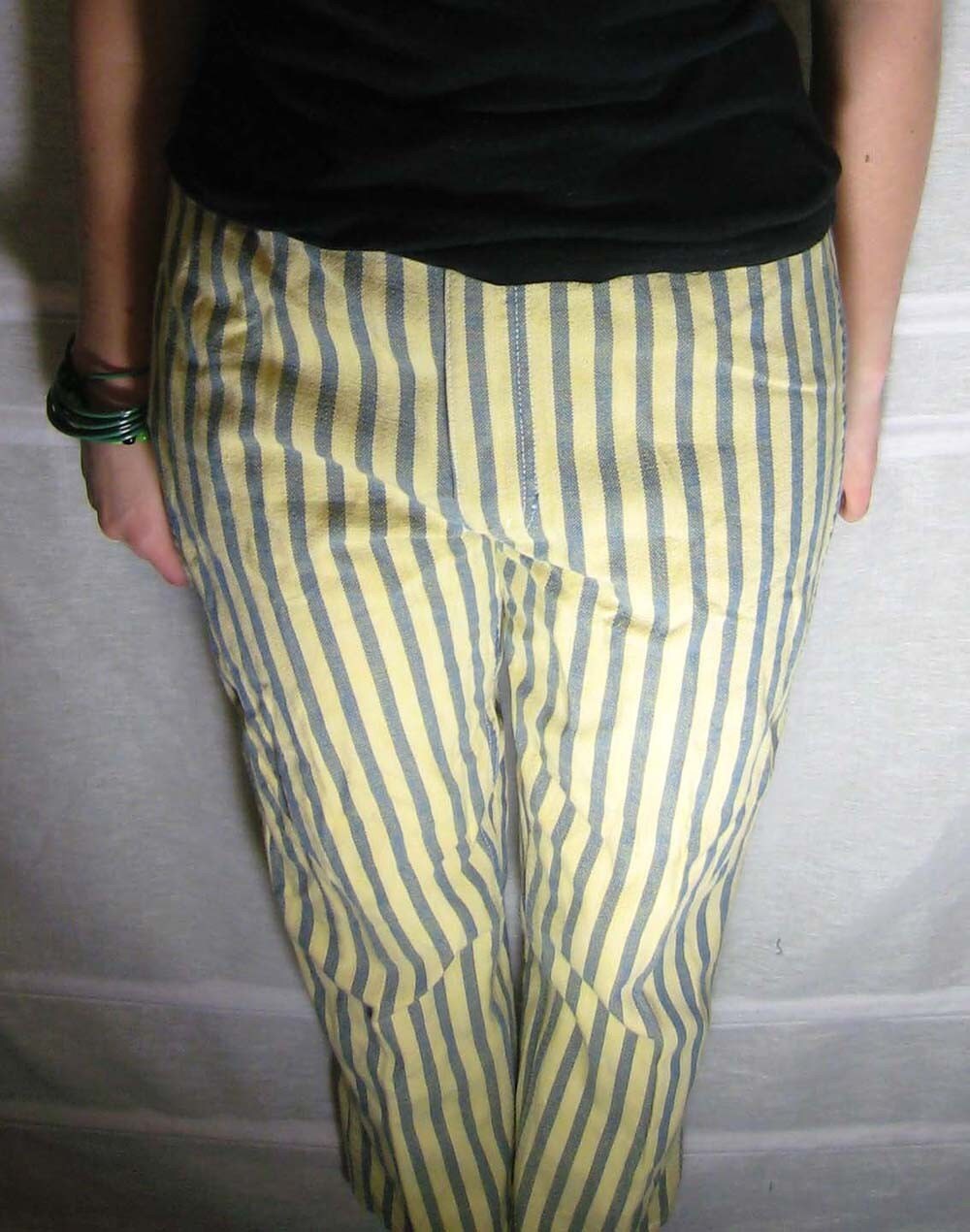 white and yellow striped pants