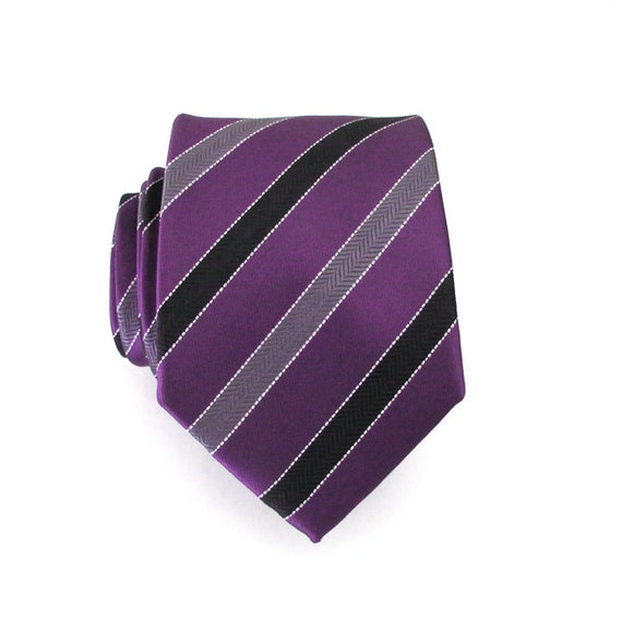 Mens Tie Purple Black Gray Striped Silk Necktie