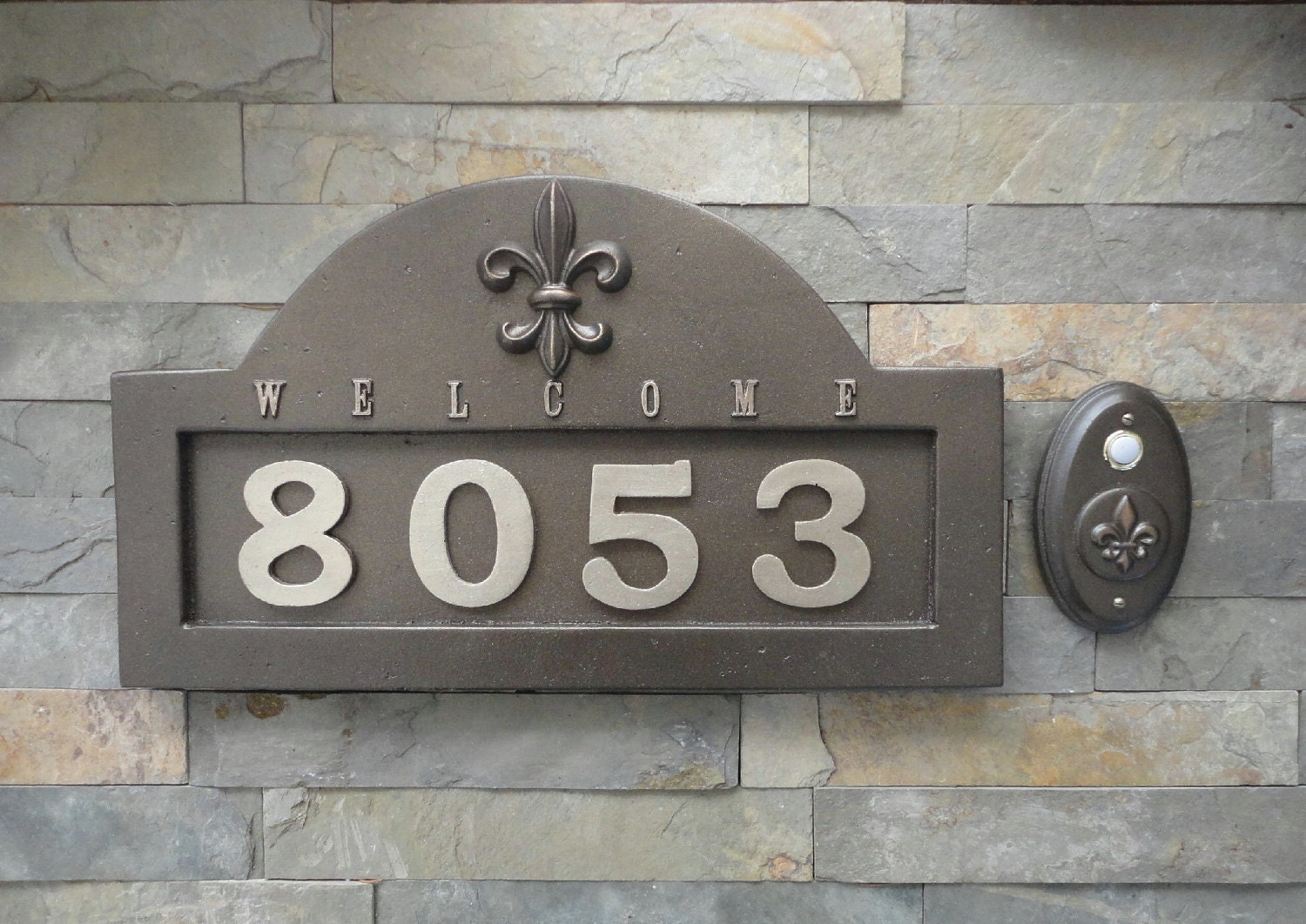 French Fleur De Lis ADDRESS Plaque  House Numbers & Matching Doorbell