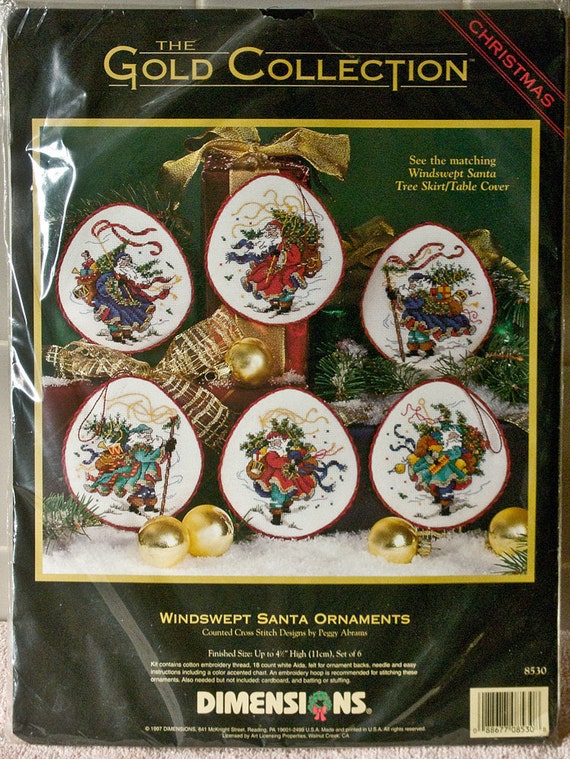 Windswept Santa Ornaments cross stitch kit NIP Dimensions 1997