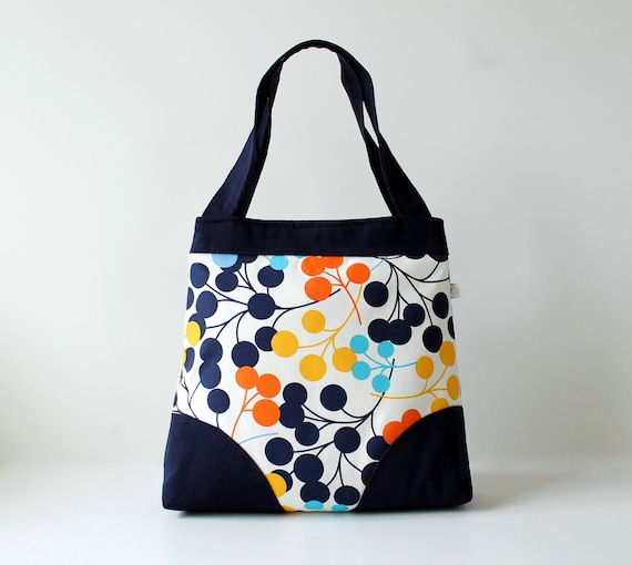 Items similar to Carnival Tote Bag in Floral Dots - dark blue ...