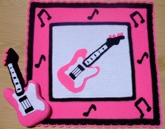 Crochet Village Little Rock Star Pink Guitar Afghan and Pillow