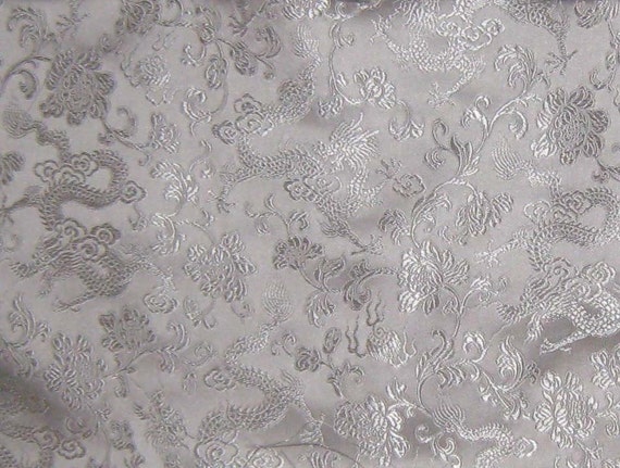 White DRAGONS Silk Brocade Fabric 1/3 Yard
