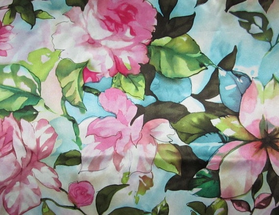 Aqua and Pink TROPICAL Floral Silk Charmeuse Fabric
