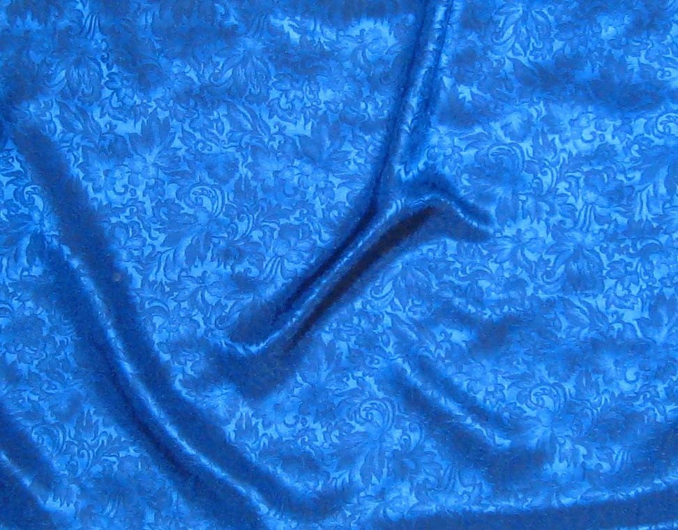 Silk Jacquard Fabric Royal Blue Leaves Scroll 1/3 Yard