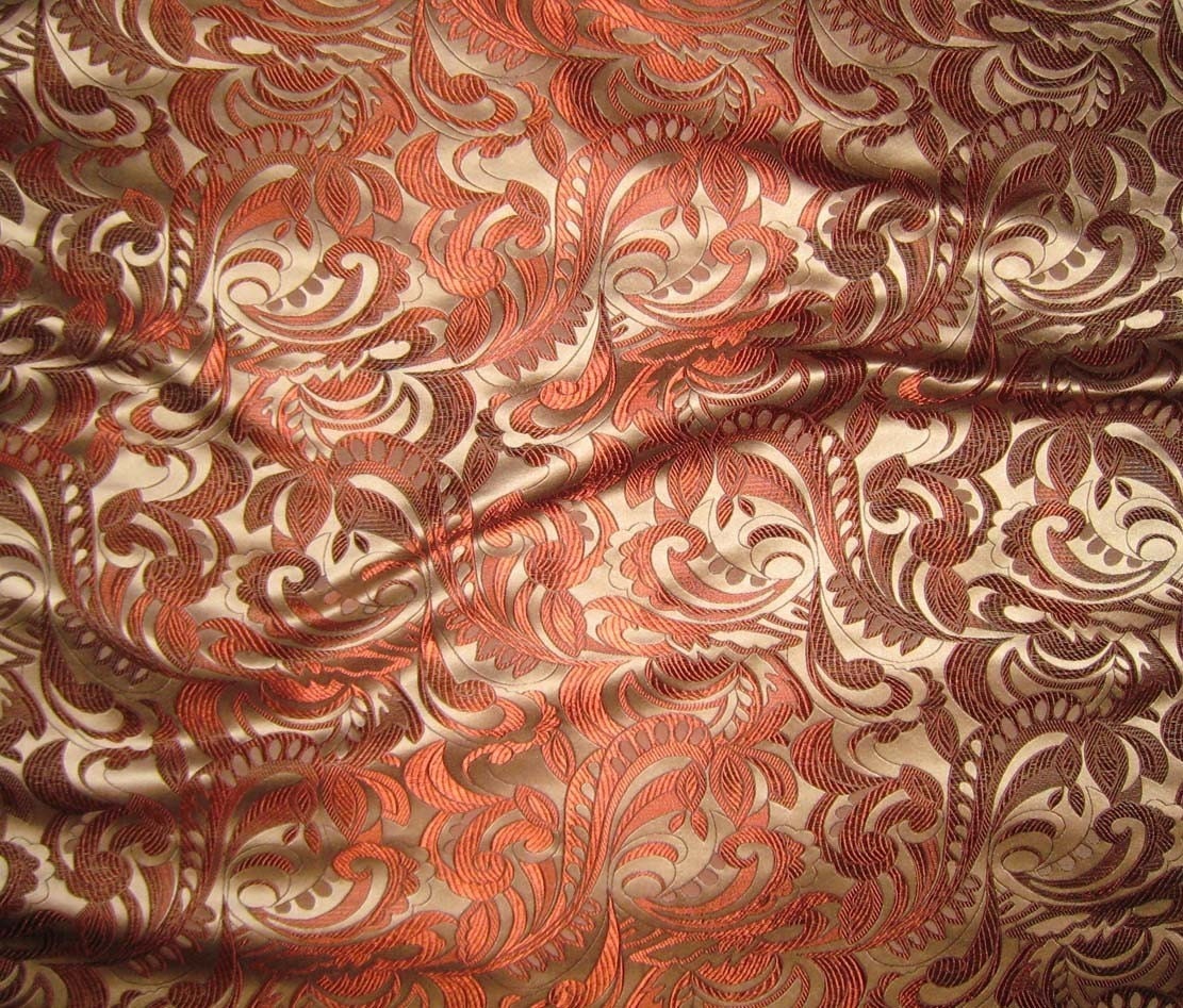 Beige and Rust Scroll Silk Brocade Fabric 1 Yard by silkfabric