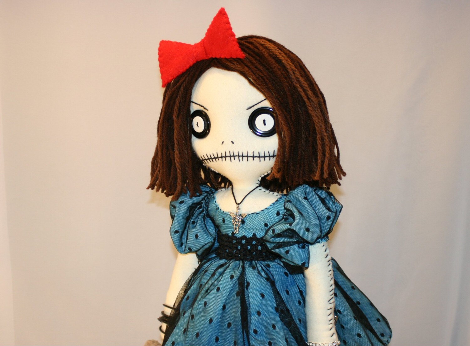 Hand Stitched Rag Doll With Teddy Bear Creepy Gothic Folk Art