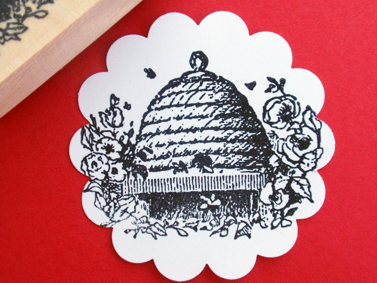 Bee Hive Rubber Stamp // Bee Skep Rubber Stamp // by BlossomStamps