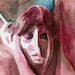 Painting of Woman Smoking - Original Watercolor ACEO - Red and Blue Cigarette by Jen Tracy