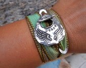 Peace Bracelet, Teen Gift for Her Jewelry, Angel Wings Silk Ribbon Bracelet, Inspirational Quote Adjustable Wrap Bracelet, in Seaweed Green Peace Bracelet, Teen Gift for Her Jewelry, Angel Wings Silk Ribbon Bracelet, Inspirational Quote Adjustable Wrap Bracelet, in Seaweed Green