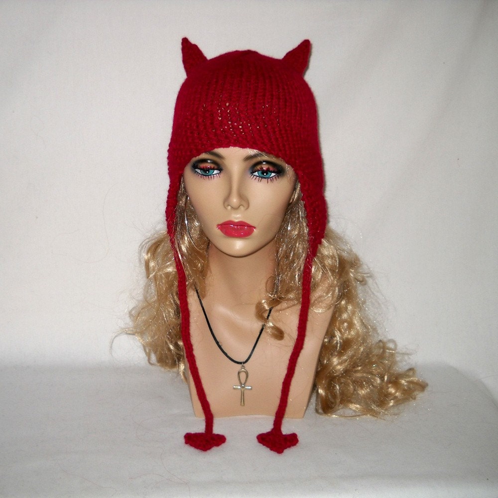 Devil Hat Knit Beanie with Horns and Ear Flaps Washable