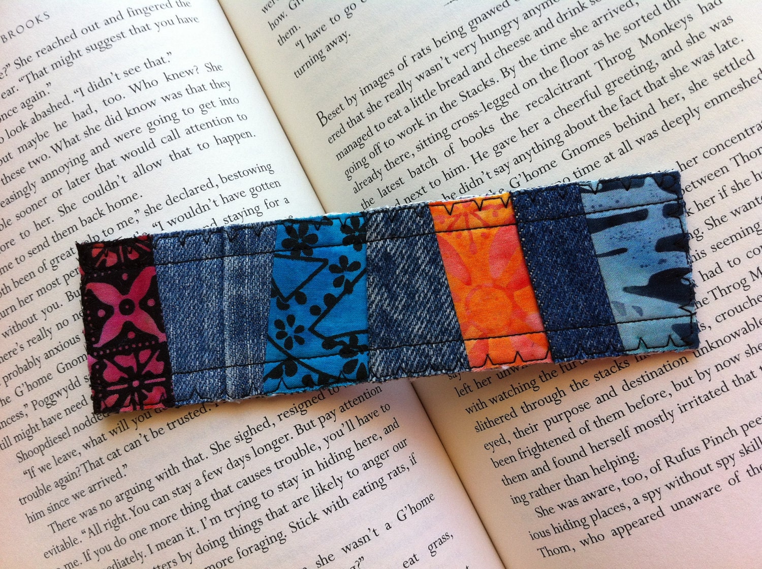 Quilted Fabric Bookmark in denim and batiks