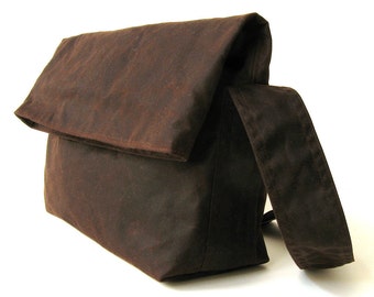 Waxed Canvas Bag, Waxed Canvas Messenger, Waxed Canvas Shoulder Bag - The Minus Fold Top in Brown Waxed Canvas