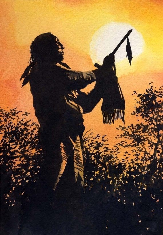 Sunset Prayer Native American Indian Watercolor Painting Art