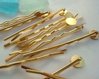 Bulk Buy -- 50 pieces of Gold Plated Bobby Pins with 10 mm Round Pad -- 65mm
