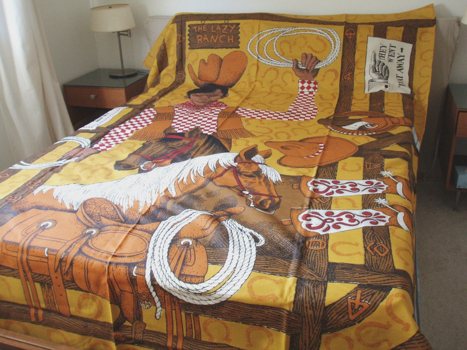 Vintage western rodeo cowboy bedspread new unused washable