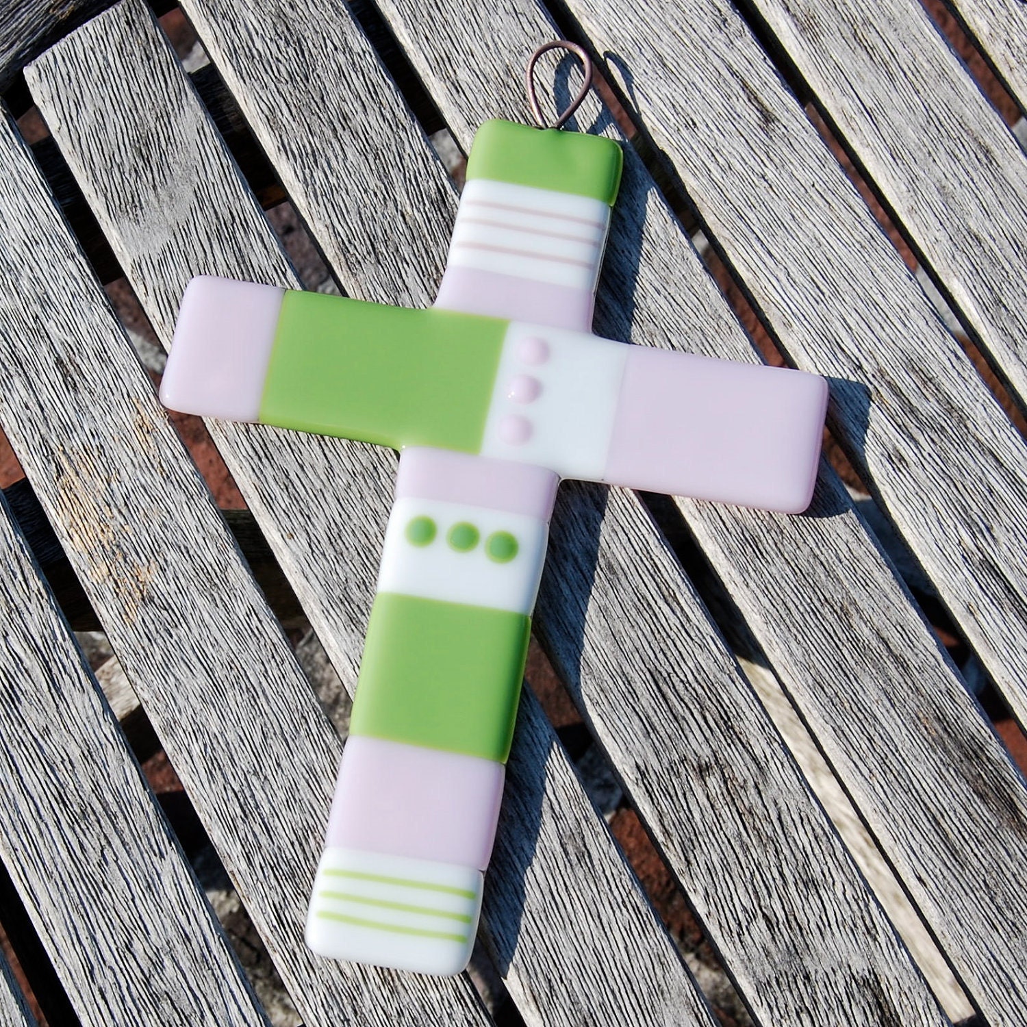 Wall Cross Fused Glass Cross Pink and Green by FirstLightGlass