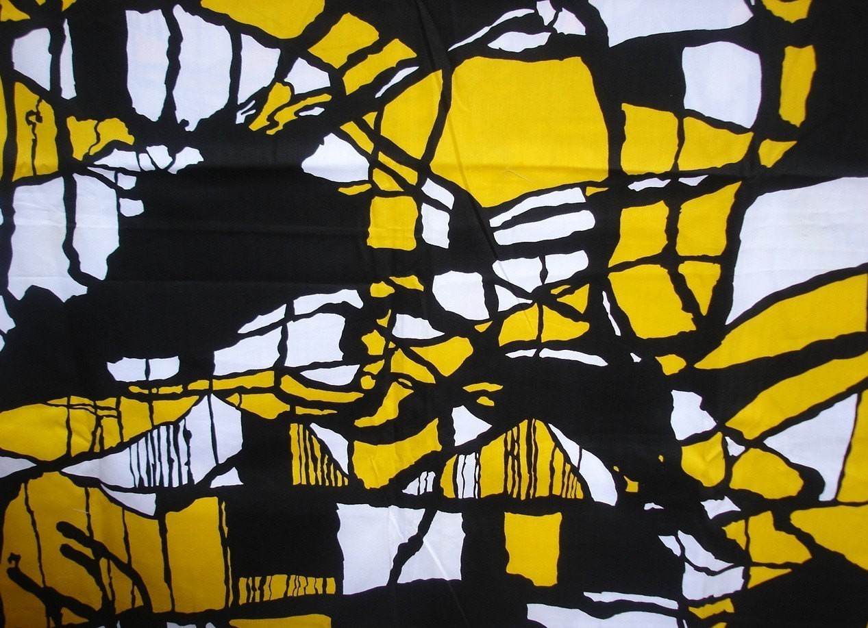 vintage 1970s fabric  black  yellow  and white designer fabric 