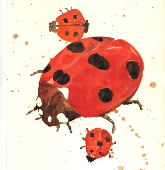 ORIGINAL Watercolor painting Ladybug Art red and black