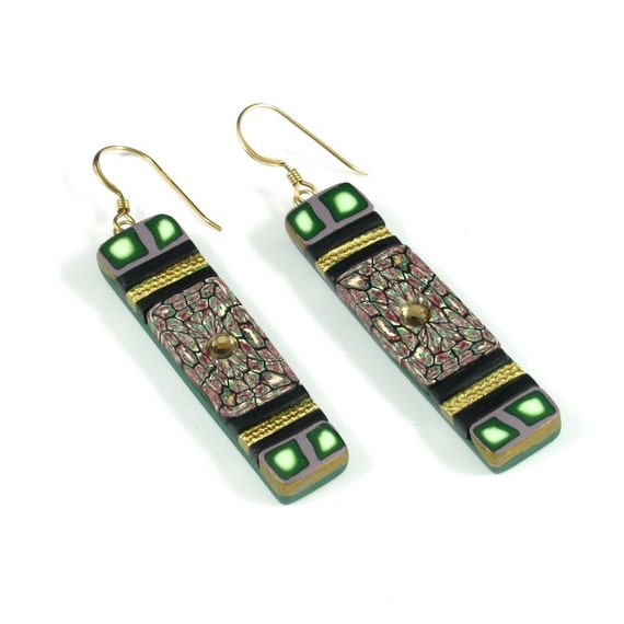Tapestry Earrings Green/Black by KateTractonDesigns on Etsy