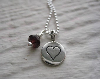 Silver Heart Tag Necklace- Sterling Silver, Garnet