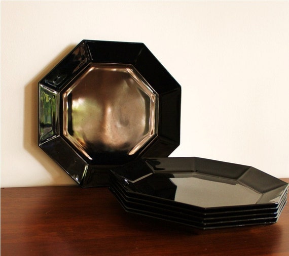 Set of 6 dinner plates black glass hexagon Arcoroc made in
