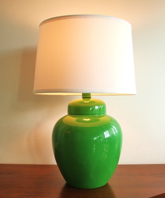 Vintage green ceramic ginger jar table lamp with lampshade