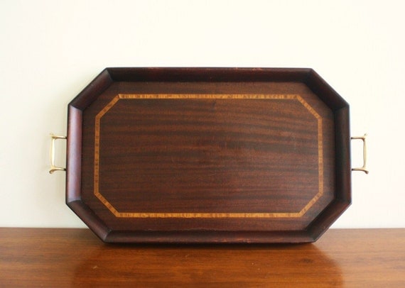 Vintage wooden inlay rectangular serving tray with brass