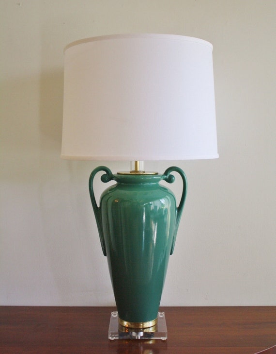 Large Vintage Green Ceramic Table Lamp With Lucite Base 9722