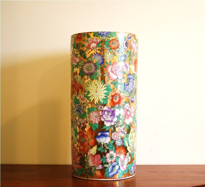 Large Asian painted ceramic umbrella stand
