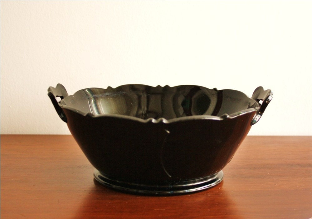 Vintage black glass bowl with handles