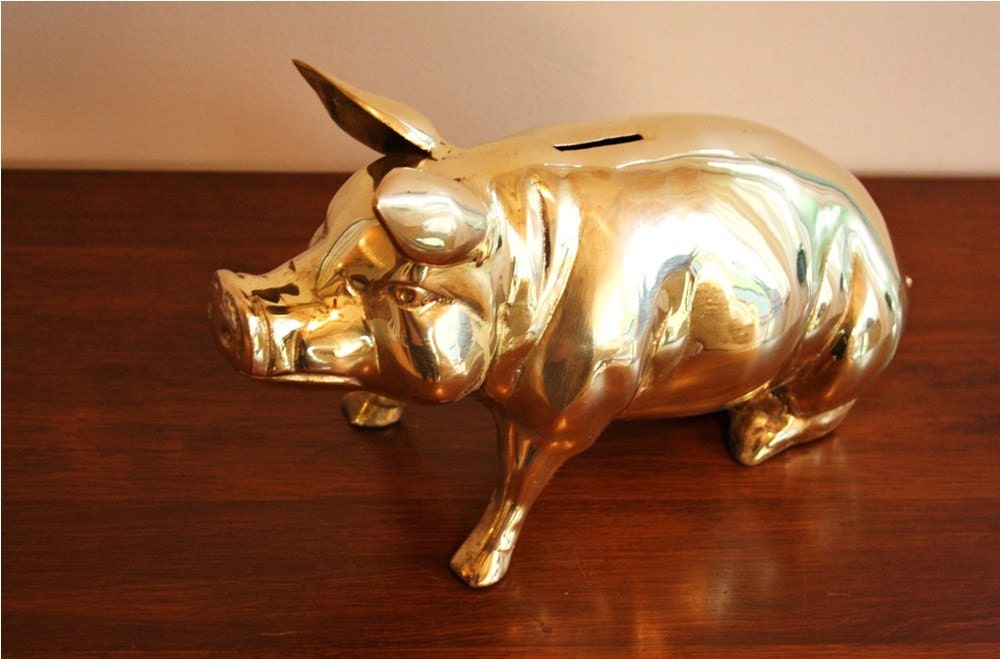 Large vintage brass pig piggy bank