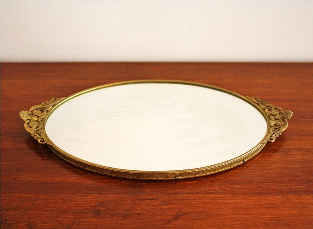 Antique mirror vanity tray with gold frame