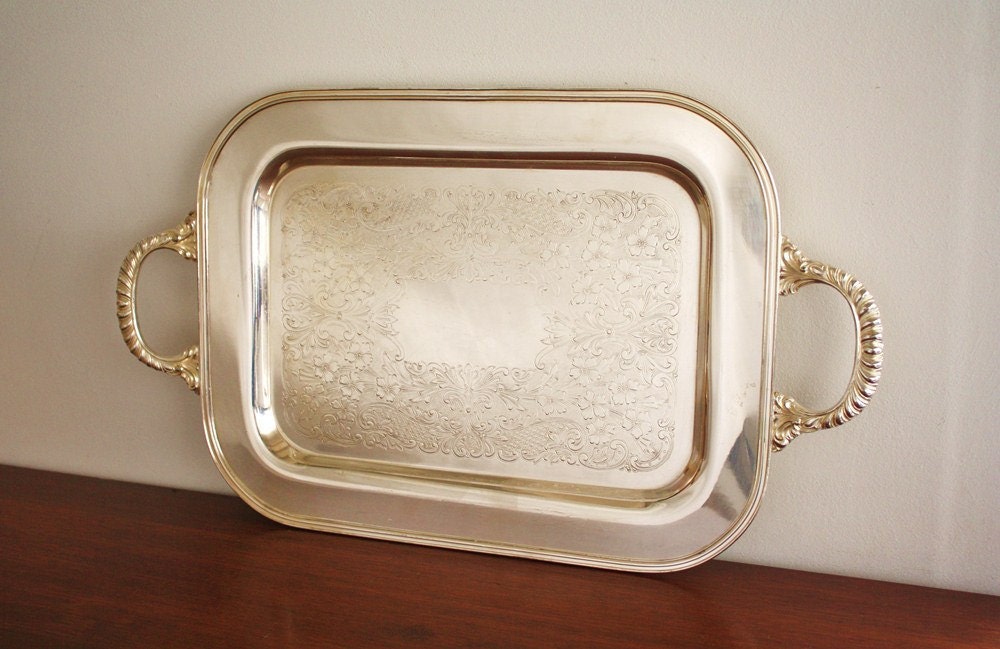 Vintage footed rectangular silver tray with handles