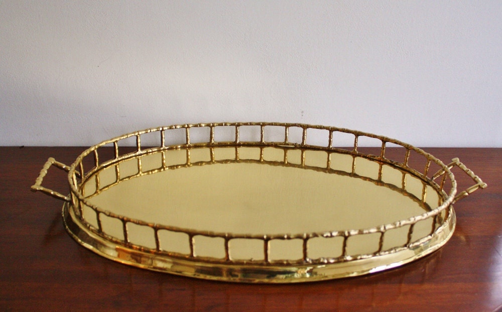 Vintage faux bamboo brass oval serving tray Hollywood Regency