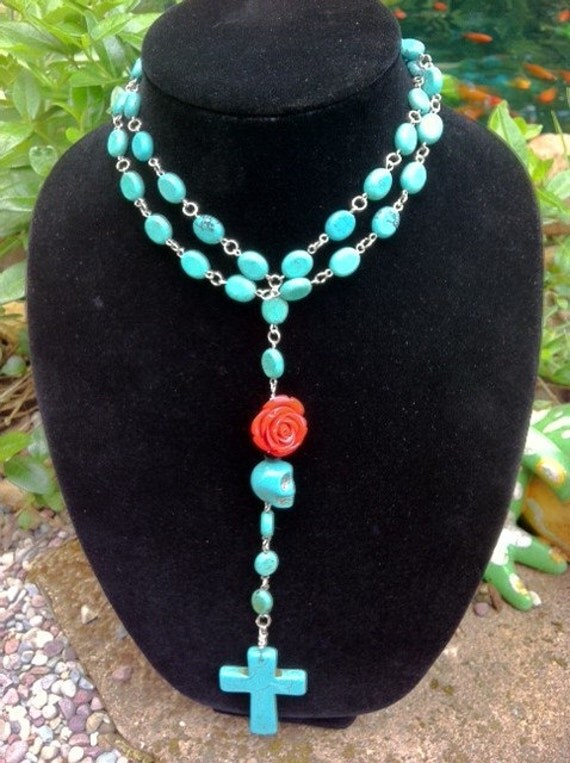 ROSARY Day of the Dead Turquoise Rosary Necklace Pendant Cross