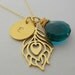 Personalized Peacock Feather Necklace, Gold Initial Necklace, Teal Stone Charm Necklace, custom listing for NikNak0712