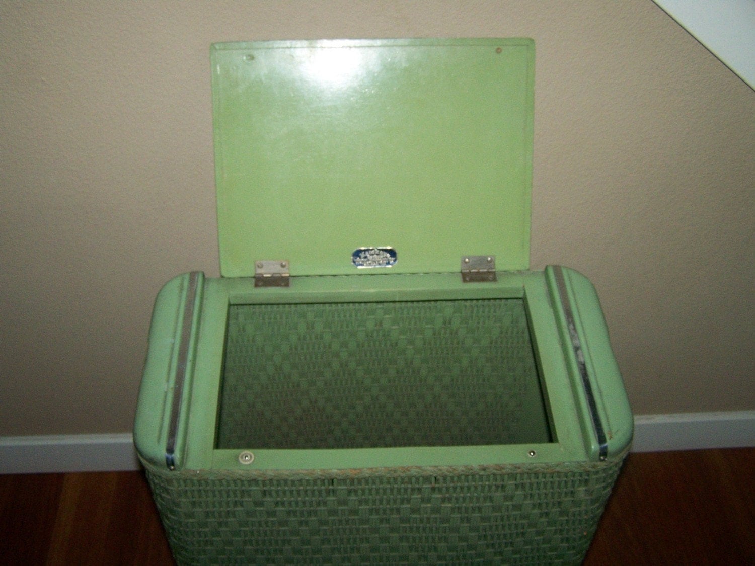 Vintage 50s Green Wicker and Wood Laundry Hamper Made by