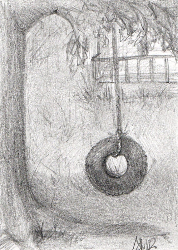 Items similar to Tire Swing--original pencil drawing on Etsy