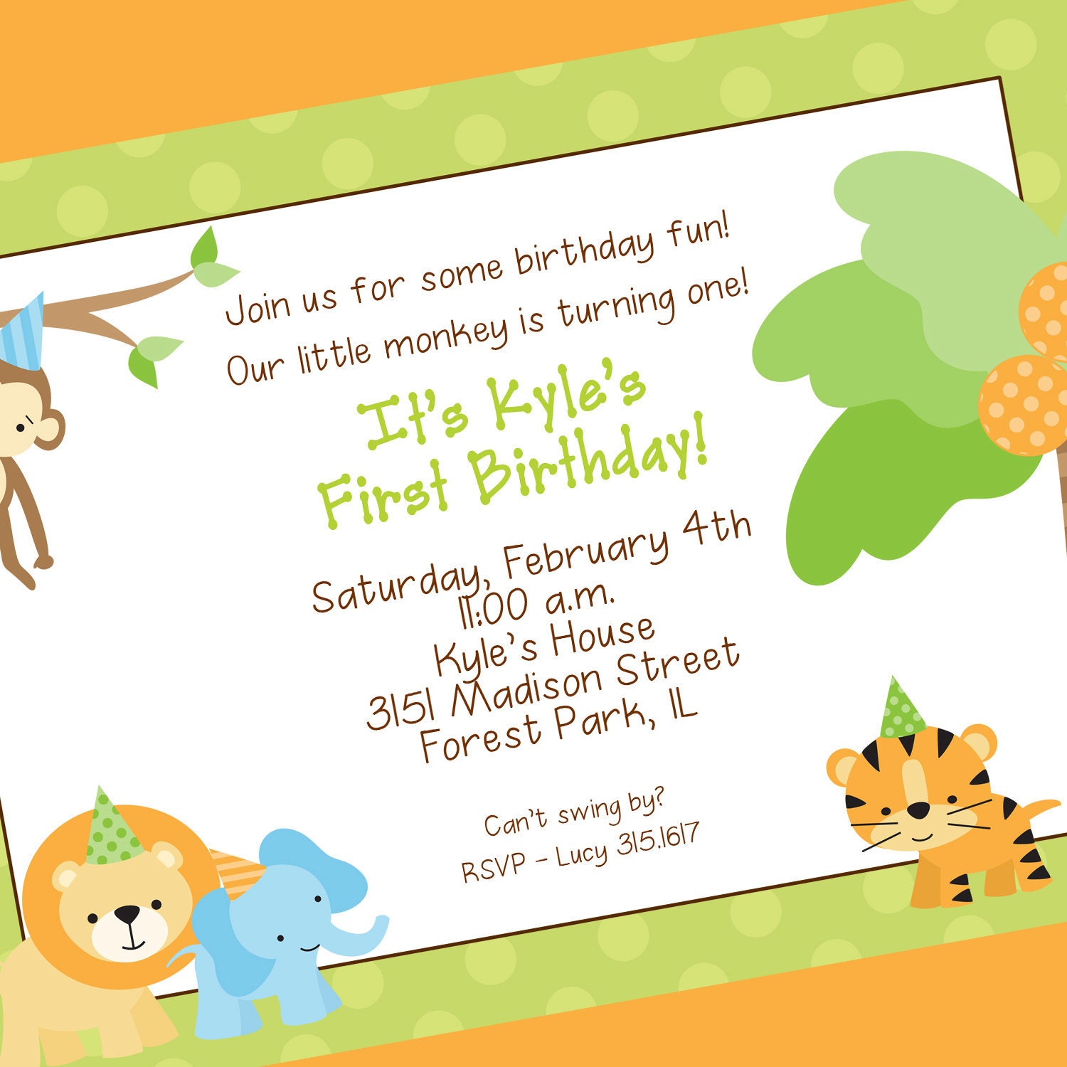 Jungle Birthday Invitation Jungle Animals by cardsbycarolyn