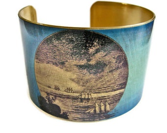Galleon Ships cuff bracelet brass or aluminum Gifts for her