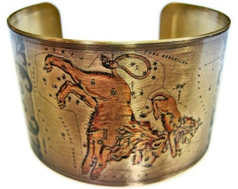 Leo Zodiac Astrology Horoscope cuff bracelet brass or aluminum Gifts for her