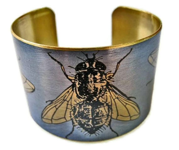 Cuff Bracelet Flies vintage insect illustration brass or stainless steel Free Shipping to USA