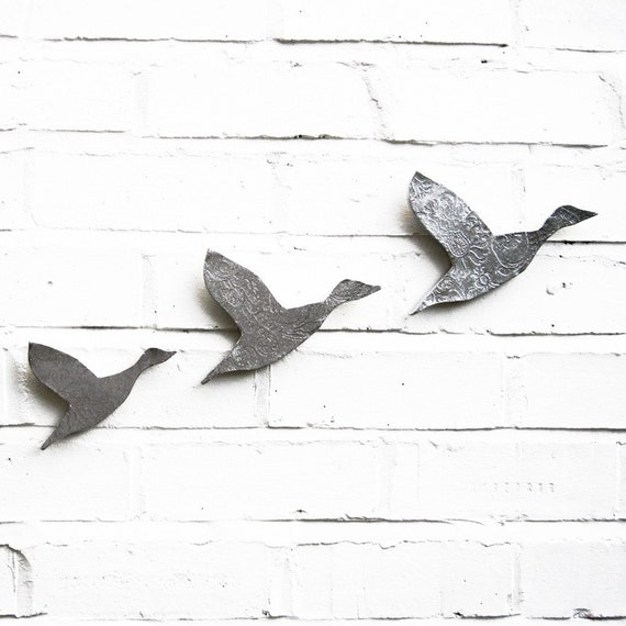 Wall art Flying ducks Set of three birds Flock in metallic