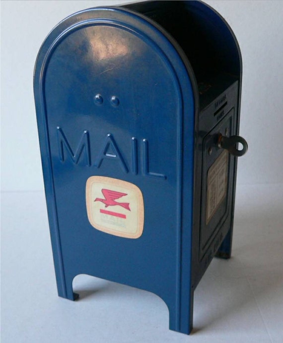vintage metal toy mailbox coin bank with key